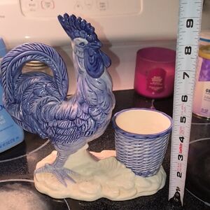 Blue Ceramic Rooster Planter with Cup Holder